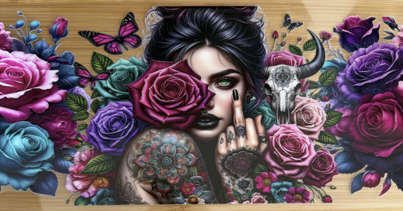 girl flipping off flowers