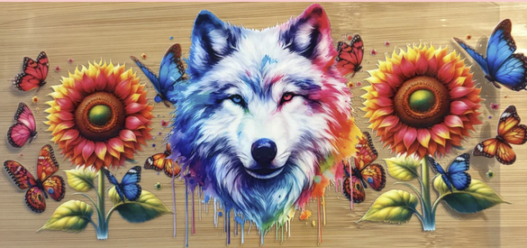 Colorful Wolf with Sunflowers