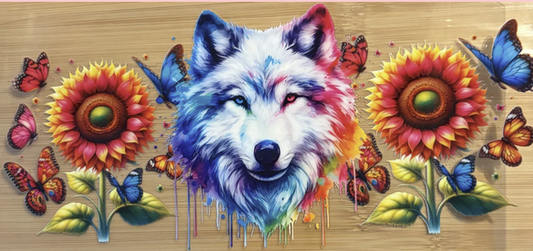 Colorful Wolf with Sunflowers