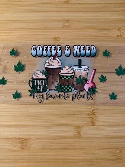 Decorative mat with coffee and weed text on a wooden surface