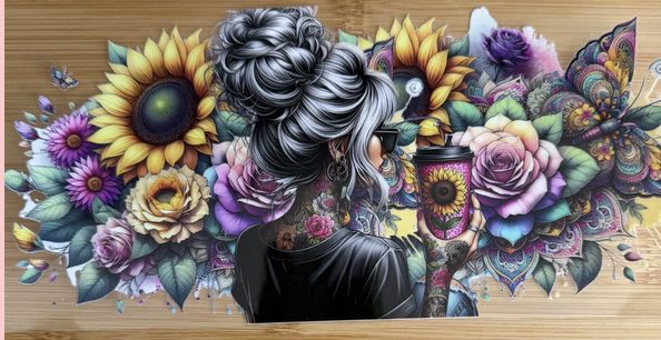 girl with coffee and sunflowers