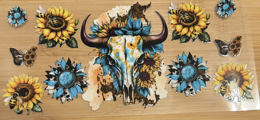 bull head with bees and sunflowers