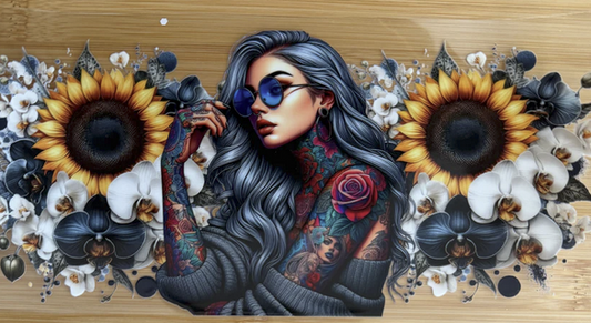 girl with tattoos and sunflowers